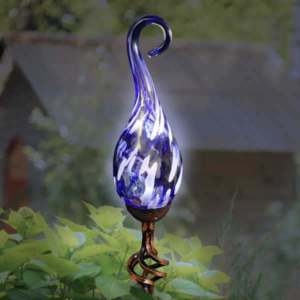 Exhart Solar Hand Blown Pearlized Glass Spiral Flame Garden Stake with